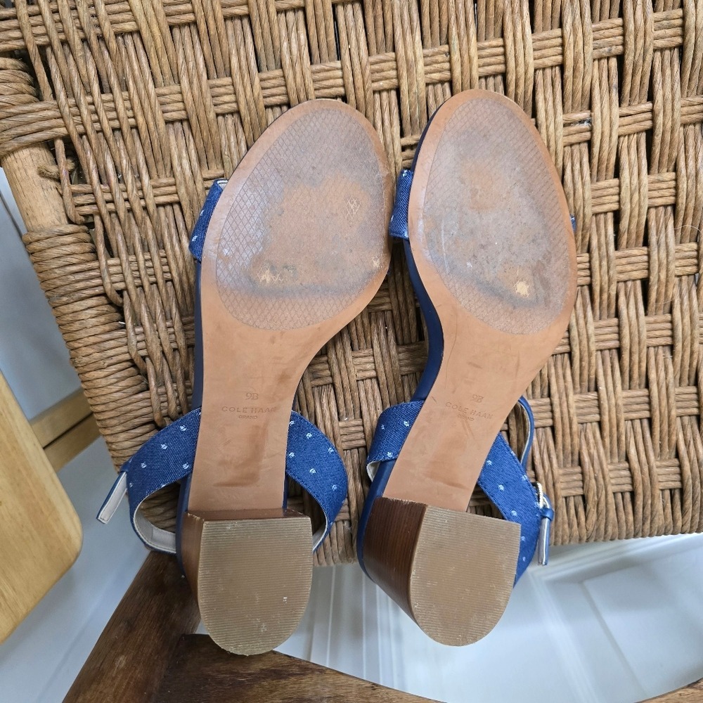 denim blue white dot 3" stacked heel Cole Haan womens Sandals 9 - Picture 5 of 9